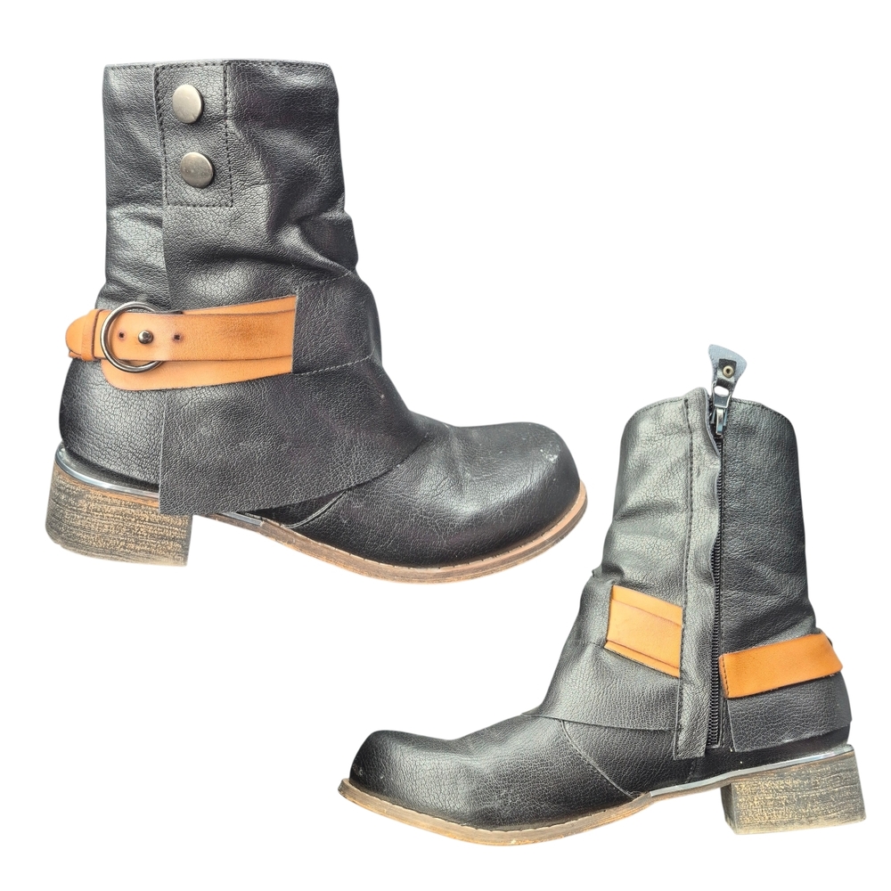 Women's Moto Ankle Boots, Black Vegan Leather, Size 39/8.5  By Lala Ikai EUC